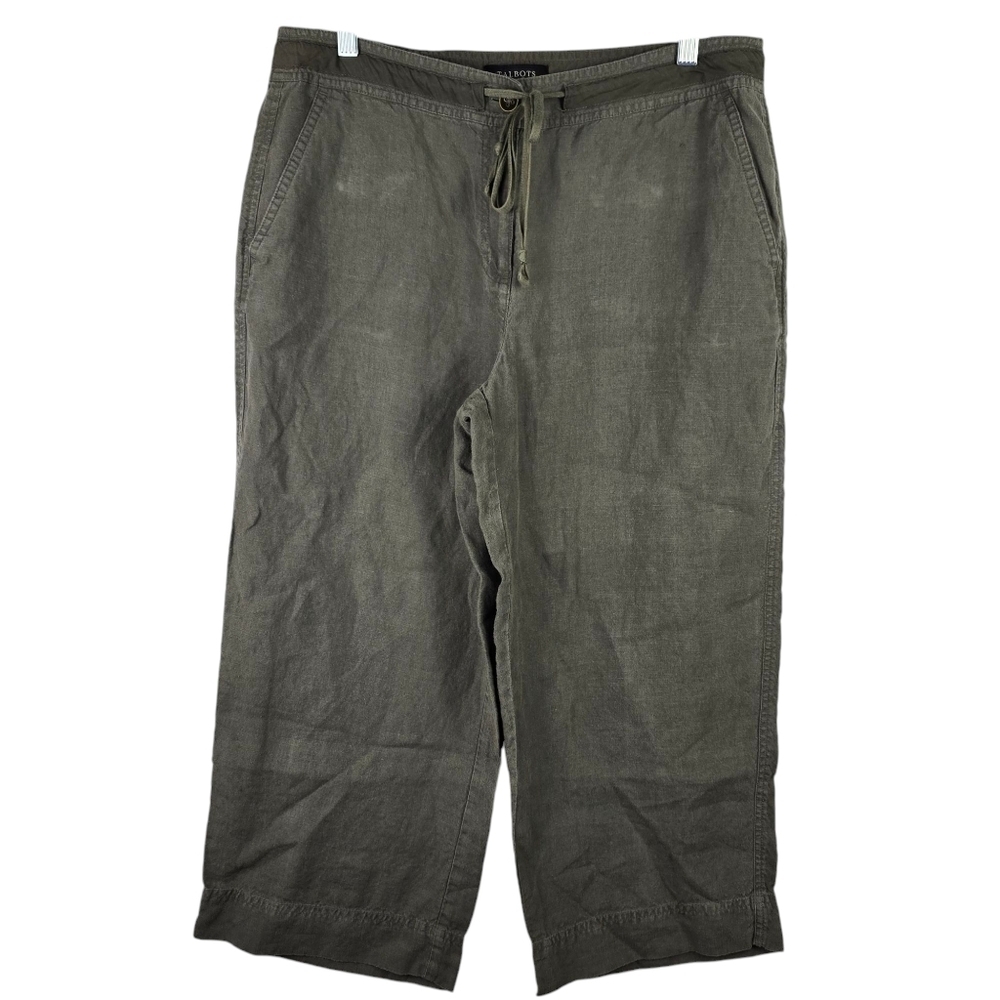 Talbots Womens Irish Linen Baggy Fit Crop Pants Elastic Waist Khaki GreenSize 12